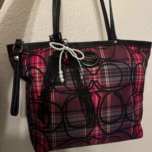Coach Black and Pink Plaid Tote Bag